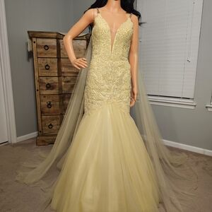 GLOW Dress Canary Yellow Beaded Mermaid Prom Dress with Tulle Train